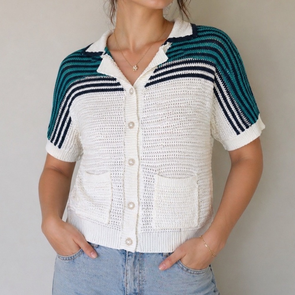 Micas Striped Knit‎ Cardigan Short Sleeve Polo Button Front Top White Teal S J3